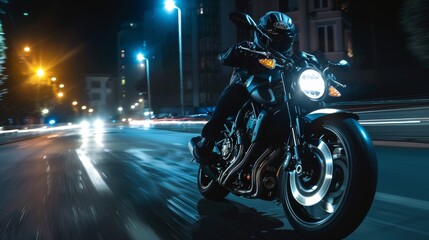 man with helmet and black vest driving a motorcycle on the ROAD WITH SWEEPING EFFECT