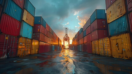 Wall Mural - Cargo Containers at Sunset Realistic Image