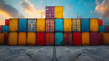 Poster - Stack of Colorful Shipping Containers at Sunset - Realistic Image