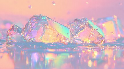 Canvas Print -   A cluster of ice cubes resting on a pool of water against a backdrop of pink and blue