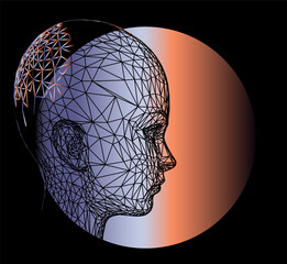 Aufkleber - Conceptual technological illustration of 3d head made of mesh on background of holographic circle.