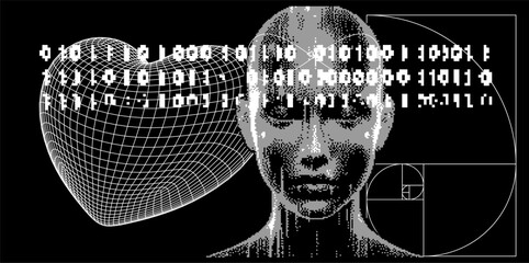 Poster - Abstract technological collage with pixel face, golden ratio and binary code. Illustration about IT of the future and face recognition.