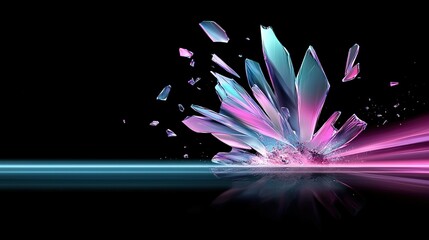 Wall Mural -  Pink-blue flower on black background with top and bottom reflections