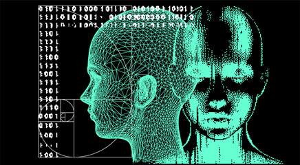 Poster - Abstract technological collage with pixel face, golden ratio and binary code. Illustration about IT of the future and face recognition.