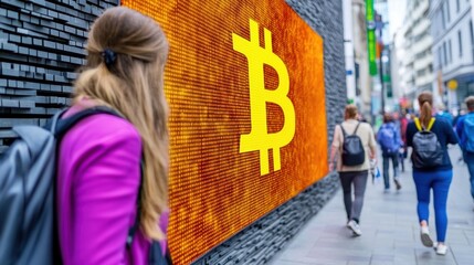 Poster - A group of people walking down a sidewalk with bitcoin signs on the wall, AI