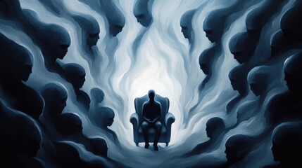 Wall Mural - A man sitting in a chair surrounded by many people, AI