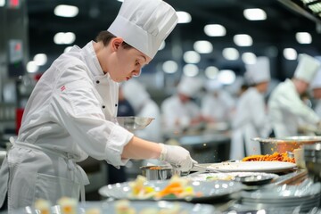 a person in a kitchen cooking food on a stove chef competing in a cooking competition