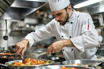 Wall Mural - a person in a kitchen cooking food on a stove chef competing in a cooking competition