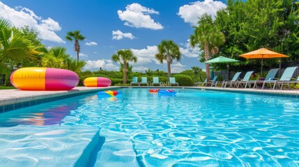 a beautiful summer afternoon at a swimming pool with clear blue water, lounge chairs, and colorful floaties, surrounded by lush green landscaping, ideal for relaxation and fun, with copy space for