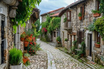 a cobblestone street with a stone path between two buildings charming village with winding cobblestone streets