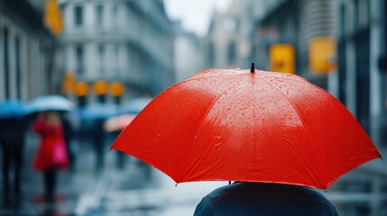 Poster - A person with a red umbrella walking down the street in rain, AI