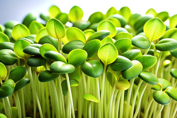 Fresh juicy microgreens close-up. Microgreens, healthy vitamin food, young edible greens of vegetables and herbs