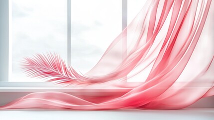 Wall Mural -   A zoomed-in image of a window with a pink drape on its frame and a feather resting on the windowsill