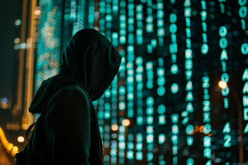 Fototapete - a person in a hoodie sitting at a laptop hacker with a complex moral code that guides their actions
