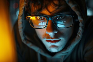 Fototapete - a person in a hoodie sitting at a laptop hacker with a complex moral code that guides their actions