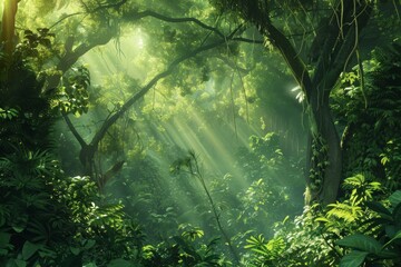 Poster - a forest with sunbeams shining through the trees lush forest with sunlight filtering through the trees