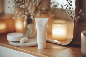 Aufkleber - A tube of cream stands on a wooden surface, reflecting in a mirror, illuminated by soft candlelight and surrounded by decorative items. Generative AI