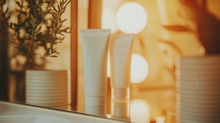 Poster - A tube of cream is positioned beside another container, both reflected in a mirror with warm lighting creating an inviting atmosphere. Generative AI