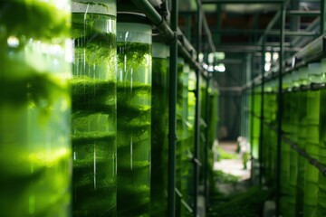 a row of glass jars filled with green plants algae biofuel farm producing renewable energy