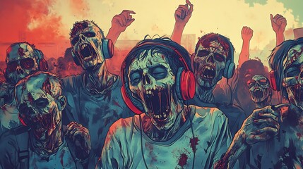 Wall Mural - zombie wearing headphone