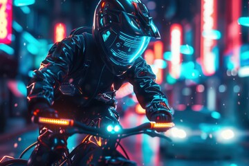 Wall Mural - A dynamic night scene featuring a cyclist in a futuristic outfit, illuminated by vibrant neon lights in an urban landscape.