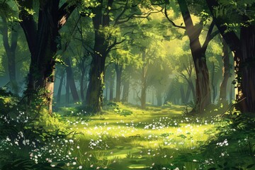 Poster - a forest with lots of trees and flowers peaceful forest glade bathed in dappled sunlight