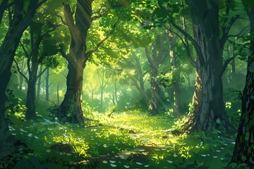 Poster - a forest with lots of trees and flowers peaceful forest glade bathed in dappled sunlight