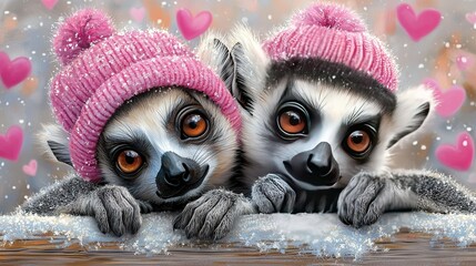 Poster -  Two pink-hatted lemurs perched on snowy ground in a painting