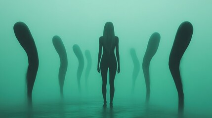 A woman standing in the middle of a group of people, AI