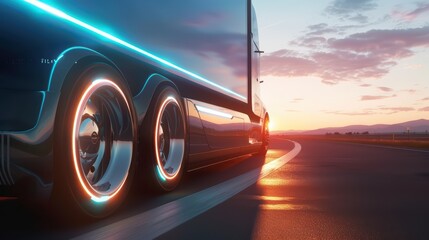 A modern truck on a highway at sunset, showcasing sleek design and glowing wheels, representing innovation in transportation.