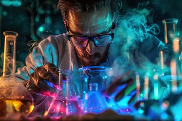Poster - a man in glasses is doing something in a lab scientist conducting experiments in a laboratory
