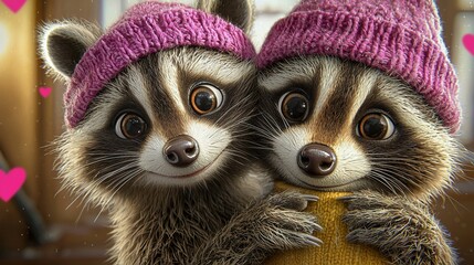 Canvas Print -   A pair of raccoons positioned beside each other facing a window adorned with heart-shaped decorations