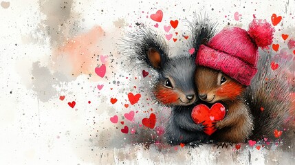 Wall Mural -   A painting of a squirrel wearing a pink hat with a red heart on its chest