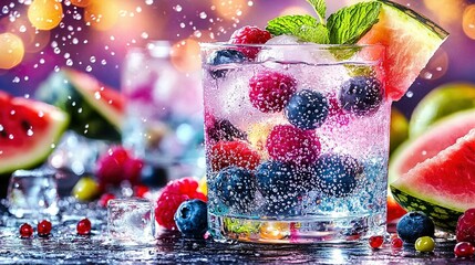 Wall Mural -   Watermelon, blueberries, raspberries, and melon slices with mint on table