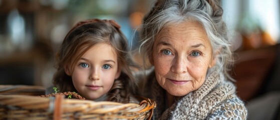 A young girl and an older woman are standing together