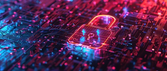 Abstract digital illustration of a glowing padlock on a circuit board, representing cybersecurity and data protection.