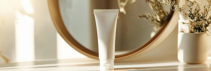 Poster - A tube of cream rests on a white surface, reflecting softly in a round mirror, surrounded by gentle natural light and decor. Generative AI