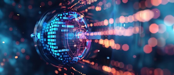 abstract digital sphere with glowing lines and particles, representing technology and innovation in 