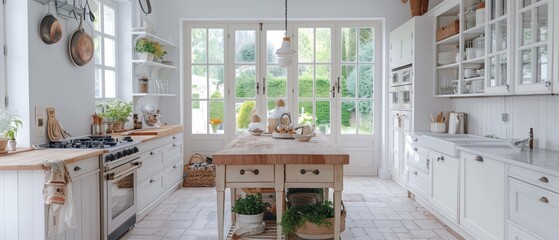 Wall Mural - Bright and airy modern kitchen featuring a spacious island and greenery, perfect for cooking and gathering.