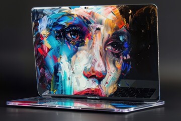 Wall Mural - a laptop computer sitting on top of a table Create a transparent laptop cover featuring a captivating artwork