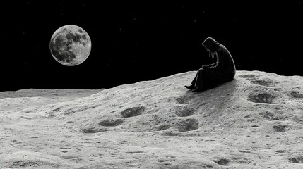   A man atop a white sand mound beneath a full moon during nighttime