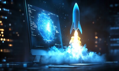 Rocket Launching From Computer Screen, Digital Innovation and Growth