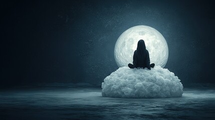 Canvas Print -   A person sitting on top of a cloud amidst the ocean's vast expanse, illuminated by a luminous full moon