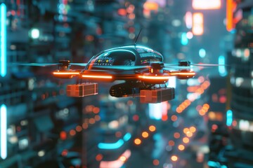 Wall Mural - Futuristic drone flying through a neon-lit cityscape, showcasing advanced technology in a vibrant urban setting.