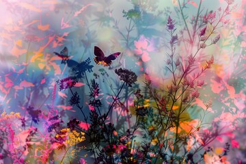 Poster - a painting of a butterfly flying over a field of flowers abstract interpretation of Mars' atmosphere