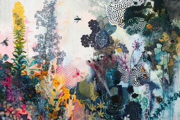 Poster - a painting of a butterfly flying over a field of flowers abstract interpretation of Mars' atmosphere