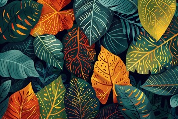 Poster - a painting of a bunch of leaves Generate an illustration that showcases the intricate patterns and unique hues found in different types of leaves