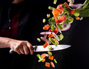 A cascade of vibrant, chopped vegetables pouring out of a chef?s knife as it slices through  (5).jpg