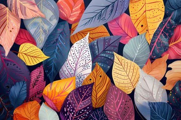 Poster - a painting of a bunch of leaves Generate an illustration that showcases the intricate patterns and unique hues found in different types of leaves