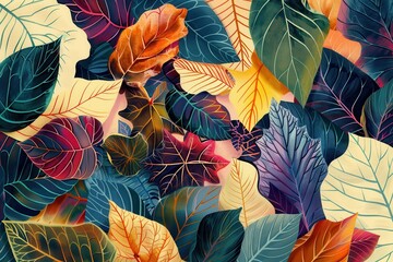 Poster - a painting of a bunch of leaves Generate an illustration that showcases the intricate patterns and unique hues found in different types of leaves